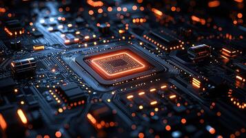 Futuristic Circuit Board with Glowing Orange Lights Technology, Computing, and Innovation Concept. HighTech Motherboard Design. photo