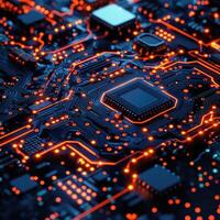 Futuristic Circuit Board with Glowing Orange Traces, High Tech Abstract Design for Technology and Innovation. photo