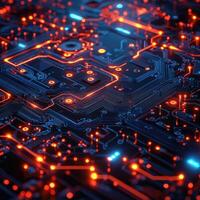 Futuristic Circuit Board with Glowing Red and Blue Light, HighTech Background, Data Flowing Concept photo