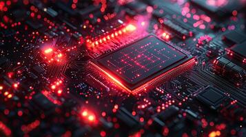 Futuristic Circuit Board with Glowing Red Lights Technology, Innovation, and Data Connectivity Concept photo