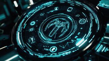 Futuristic Circular HUD Interface with Glowing Blue Humanoid Figure and Intricate Data Visualizations for Science and Technology photo