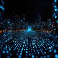 Futuristic Cityscape at Night with Data Streams, Digital Network, and Glowing Urban Skyline in Abstract Design. photo