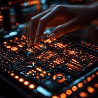 Futuristic Control Panel Interface with Touching Hand Technology, Science, Data, and Innovation Concept photo