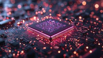 Futuristic CPU Circuit Board with Glowing Lights, Data Processing, Artificial Intelligence, Quantum Computing Concept. photo