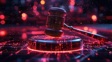 Futuristic Cyber Gavel Digital Justice and Legal Innovation Concept with Glowing Circuit Board and Binary Code Backdrop. photo