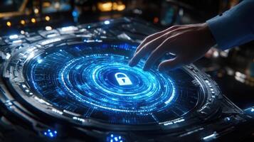 Futuristic Cyber Security Interface with Padlock, Hand Activating Data Protection System, Digital Encryption and Biometric Verification photo