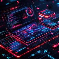 Futuristic Cybernetic Devices Displaying Data and Code in Neon Hues, Perfect for Technological Backgrounds photo