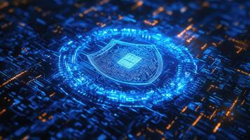 Futuristic Cyber Security Shield on Digital Circuit Board, Glowing Blue Protection Technology, Data Encryption Concept photo