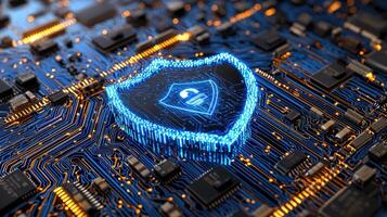 Futuristic Cyber Security Shield on Circuit Board for Data Protection and Digital Network Safety photo