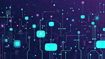 Futuristic Cybernetic Network Glowing Circuit Board with Connected Nodes, Technology Abstract, Data Flow, Artificial Intelligence. photo