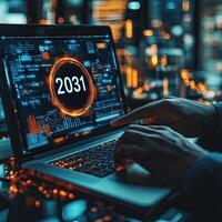 Futuristic Cyberpunk 2031 Hacker Typing on Laptop with Advanced Interface and City Bokeh Background. photo