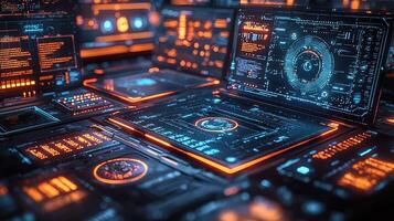 Futuristic Cybernetic Network Interface with Data Streams and Complex Technology Displaying Advanced High Tech System. photo