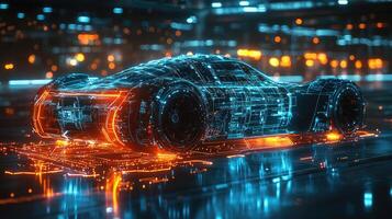 Futuristic Cyberpunk Car Blueprint Design with Glowing Neon Lights and Circuit Details on Dark Abstract Background. photo