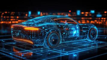 Futuristic Cyberpunk Car Blueprint with Glowing Neon Lights and Digital HUD Elements on Dark Background photo
