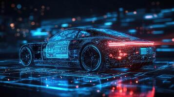 Futuristic Cyberpunk Car Design with Intricate Circuit Details and Neon Accents on Dark Background. photo