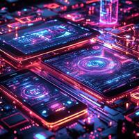 Futuristic Cyberpunk Circuit Board with Glowing Neon Lights and Mobile Devices, HighTech Background for Technology Concept. photo