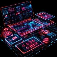 Futuristic Cyberpunk Data Display with Glowing Neon Lines, Information Interface, System Monitoring, and Complex Network Visualizations on Black photo