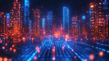 Futuristic Cyberpunk Cityscape with Neon Lights and Data Streams, Glowing Skyline, Urban Tech, Abstract Visuals photo