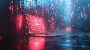 Futuristic Cyberpunk Laptop with Red Code Display Amidst Data Stream, Neon Lights, and Advanced Technology. photo