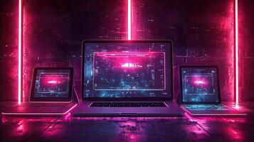 Futuristic Cyberpunk Laptops Displaying Digital Data, Pink and Blue Neon Lighting, Technology Concept, Coding, Development. photo