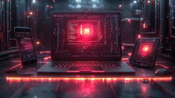Futuristic Cyberpunk Technology Laptop, Phone, and Tablet with Red Coding, Neon Glow, and Dark Environment. photo