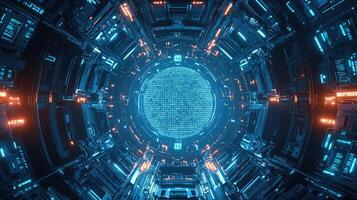 Futuristic Cyberpunk Tunnel with Binary Code and Neon Lights SciFi Abstract Background photo