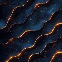Futuristic Dark Blue Abstract Background with Glowing Orange Lines and Particles, Technological Design Element. photo