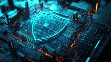 Futuristic Cybersecurity Shield on a Circuit Board Data Protection, Network Security, and Digital Defense Concept photo