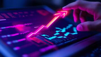 Futuristic Financial Growth Chart on Digital Tablet with Hand Gesturing Upward Trend in Neon Colors photo