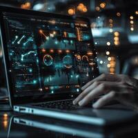 Futuristic Financial Data Analysis on Laptop with Hands Typing in Blurred Bokeh Background. photo