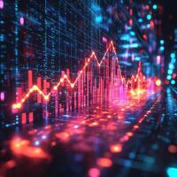 Futuristic Financial Chart Showing Market Trends with Glowing Red Lines and Blue Data Grid Backdrop photo