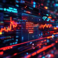 Futuristic Financial Data Visualization Digital Stock Market Analysis Interface with Glowing Red and Blue Elements photo