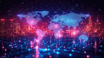 Futuristic Global Connectivity World Map, Cityscape, Network, Technology, Data Flow, Neon Lights, and Digital Communication photo
