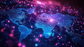 Futuristic Global Network Map with Blue and Pink Glowing Connections, Data Visualization for Technology Concepts photo