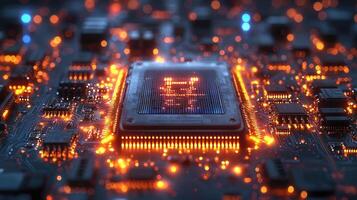 Futuristic Motherboard Circuitry with Glowing Connections, Processor Core Technology, and Advanced Computing System in Deep Hues photo