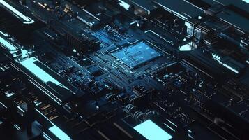 Futuristic Motherboard CloseUp with Glowing Blue Circuitry, Advanced Technology, Data Processing, and Artificial Intelligence Concept. photo