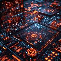 Futuristic Motherboard Panel with Glowing Circuits, Data Flow, Neural Network Connection, Artificial Intelligence, and High Tech Innovation photo
