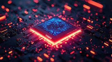 Futuristic Motherboard with Glowing Blue Core and Red Light Signals Representing Advanced Technology, Circuits, and Processing. photo