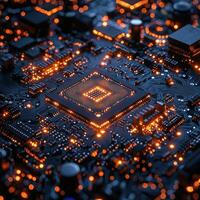 Futuristic Motherboard with Glowing Circuitry and Central Processor, Technology Innovation, System Architecture Design, Modern Computing photo