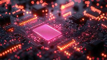Futuristic Motherboard with Glowing Pink Central Processor Unit, Technology, Computing, AI, Circuitry, and Artificial Intelligence photo