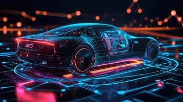 Futuristic Neon Car Design with Cyberpunk Aesthetics, Glowing Grid, and Innovative Technology on Dark Background photo