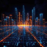 Futuristic Neon Cityscape Digital Grid, Glowing Buildings, Data Flow, and Technological Advancement in an Abstract Urban Network photo