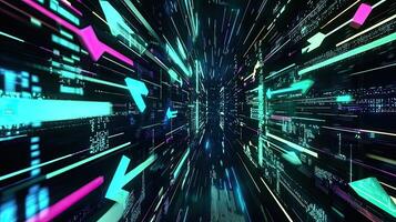 Futuristic Neon Data Stream Digital Arrows Navigating a Cyber Network, Information Highway in Cyberspace, Glowing Digital Cityscape photo