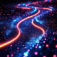 Futuristic Neon Flow Abstract Red Pathway with Blue Data Points and Dark Background photo