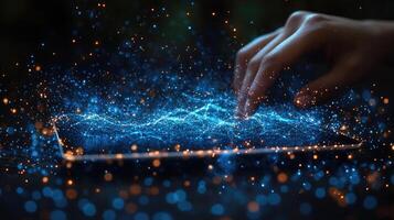 Futuristic Tablet Interface with Finger Interaction Glowing Particle Network for Technology, Connectivity, and Innovation photo