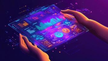 Futuristic Tablet Interface Held in Hands Displaying Complex Data and Glowing Charts with a Neon Aesthetic photo