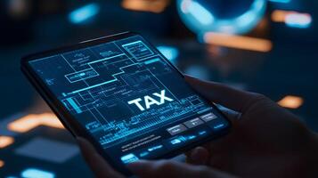 Futuristic Tax Filing App on Mobile Phone with Glowing Blue Interface and User Interaction Concept photo