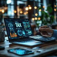 Futuristic Tax Calculation and Planning with Advanced Technology Businessman Analyzing Data and Financial Reports on Laptop Screen. photo