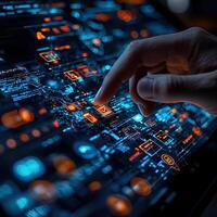 Futuristic Tech Interface with Finger Interaction Data Processing, Neural Networks, and Advanced Technology Visualization photo