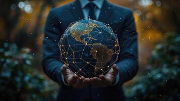 Global Business Network Man Holds a Digital Globe with Interconnected Lines, Representing Worldwide Connectivity and Innovation. photo